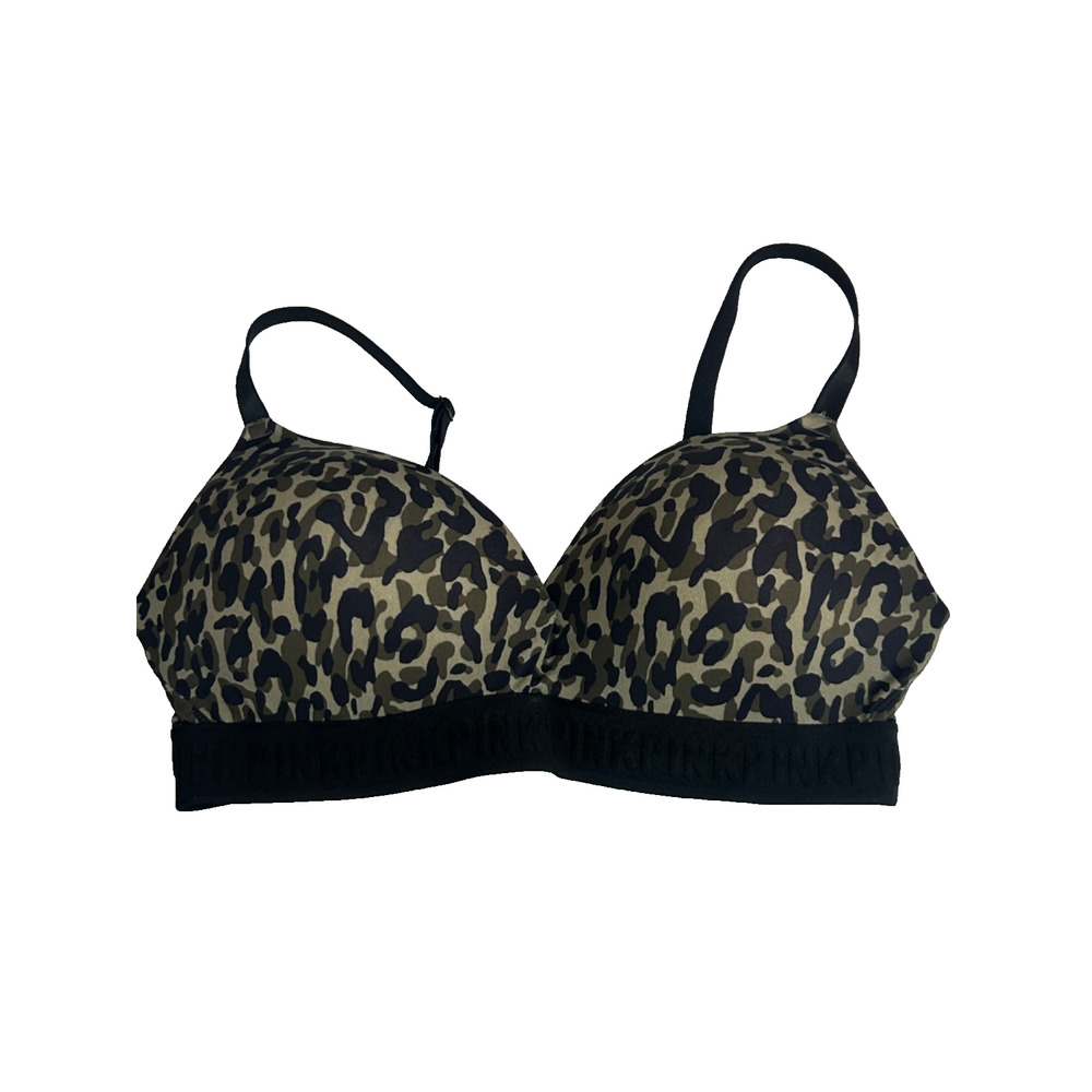 Pink Victoria's Secret Bra Size 36D Green Camo Wear Everywhere Wireless Push Up